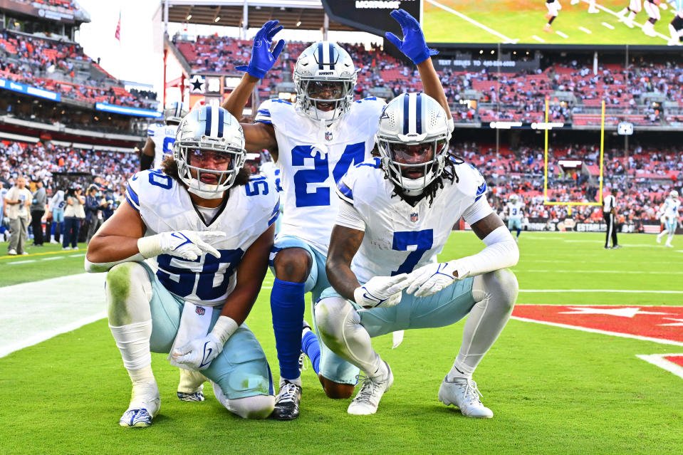 CLEVELAND, OHIO - SEPTEMBER 08: Trevon Diggs #7 of the Dallas Cowboys celebrates with teammates after a touchdown during the fourth quarter against the Cleveland Browns at Cleveland Browns Stadium on September 8, 2024 in Cleveland, Ohio . (Photo by Jason Miller/Getty Images)